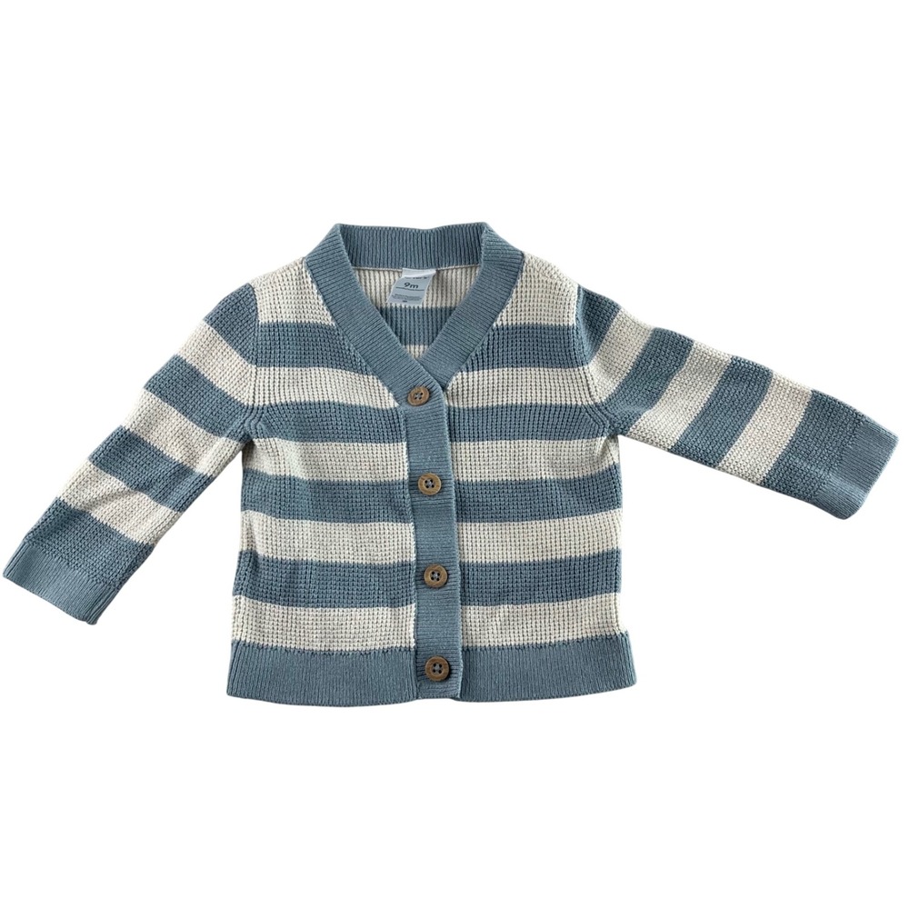 Carters Baby Boy Blue White Striped Waffle Knit Cardigan Sweater 9 Months